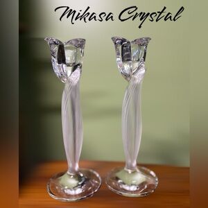 Mikasa-Aria Tulip Candleholders Lead Crystal Frosted 8" Leaves&Tulip. Like new!